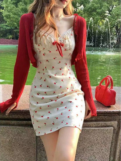 Women’s Red Floral Mini Dress & Cardigan Set