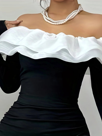Elegant Off-Shoulder Color Block Maxi Dress