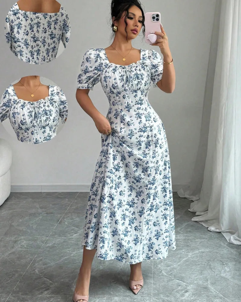 Floral Shirred Midi Dress – Short Bubble Sleeve