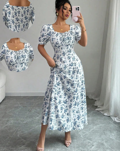 Floral Shirred Midi Dress – Short Bubble Sleeve