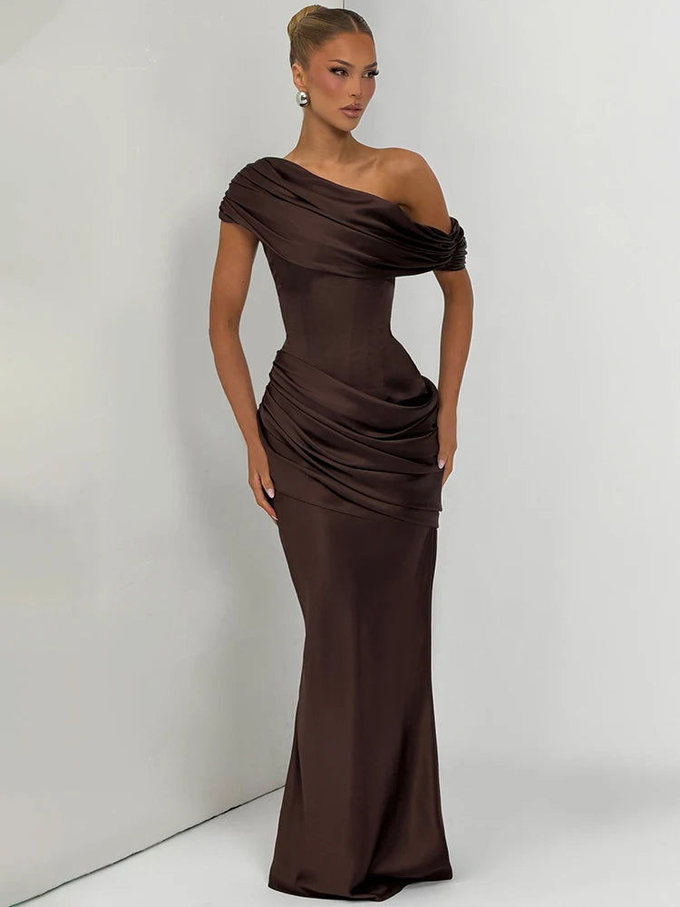 Satin Ruched Fishtail Maxi Dress
