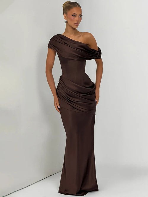 Satin Ruched Fishtail Maxi Dress