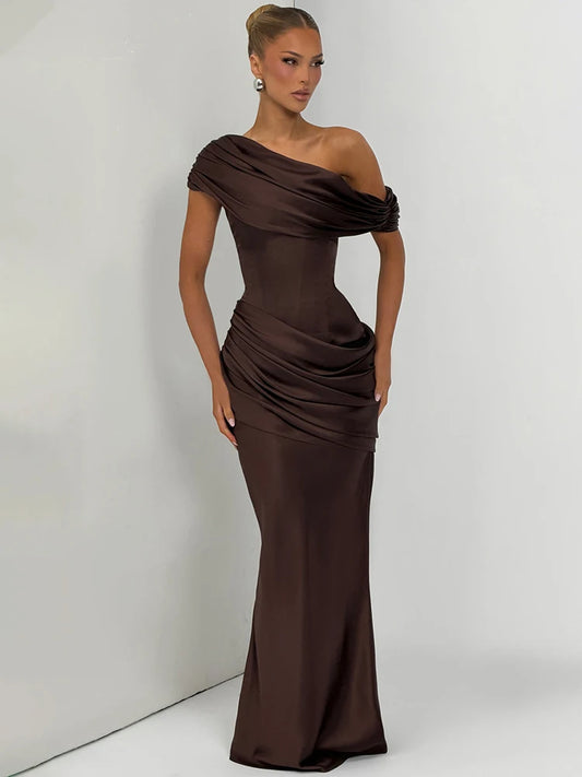 Satin Ruched Fishtail Maxi Dress