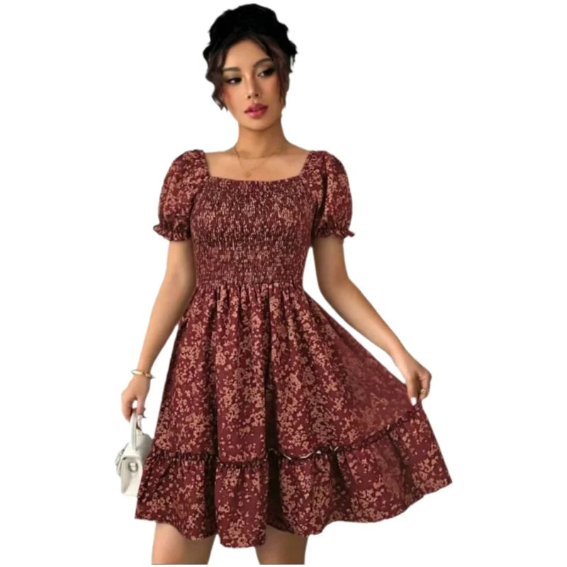 Women’s French Floral Puff Sleeve Mini Dress