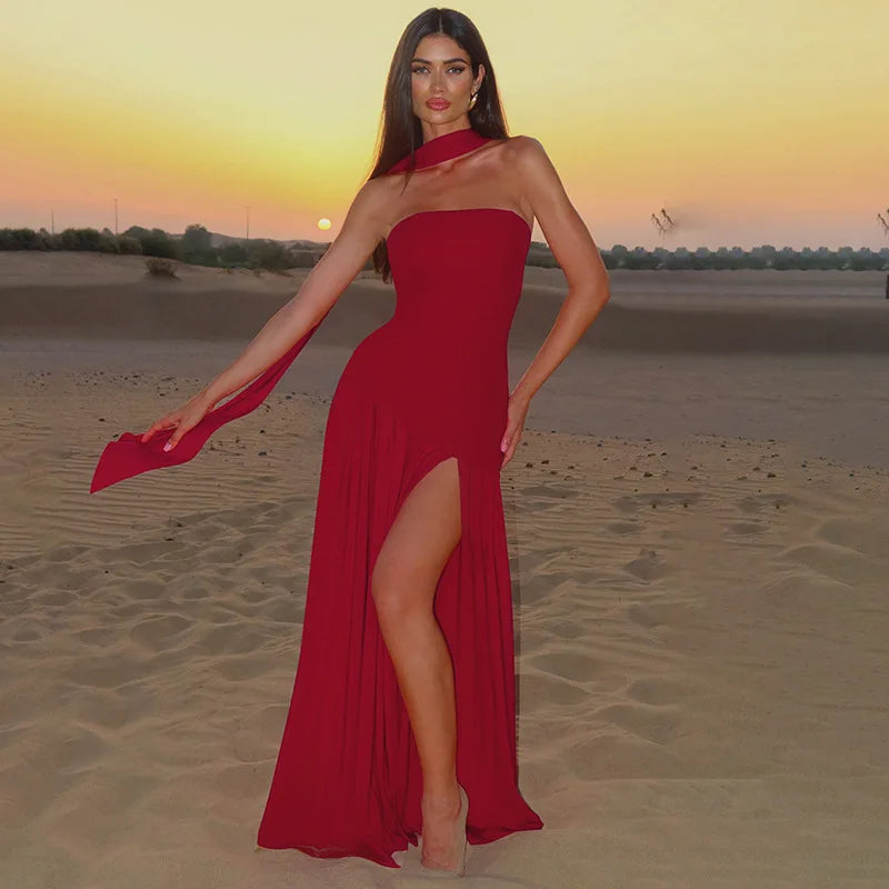 Elegant Strapless Backless Split Maxi Dress
