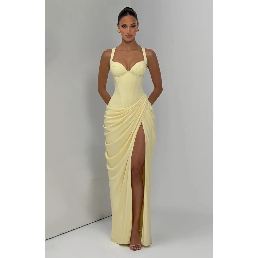 French Pleated Open-Back Slit Maxi Dress
