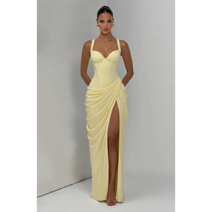 French Pleated Open-Back Slit Maxi Dress