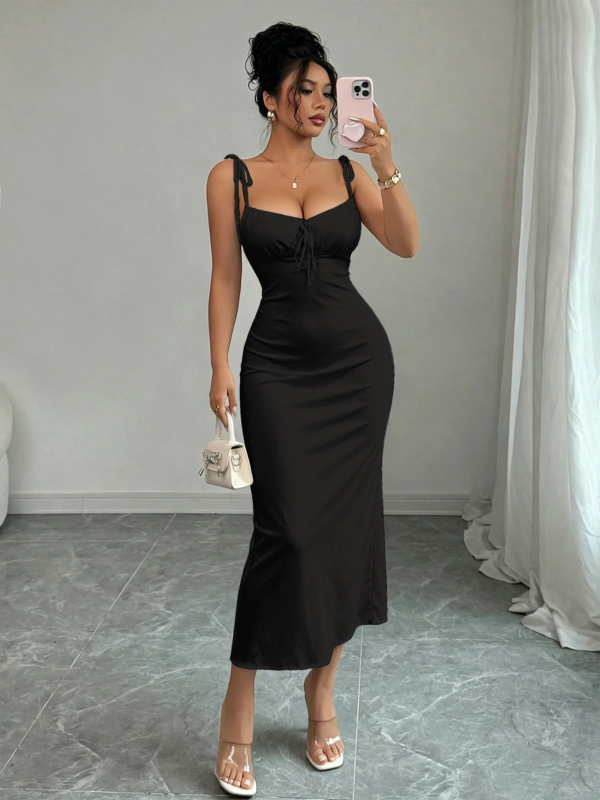Soft Matte Fishtail Dress with Shoulder Bows