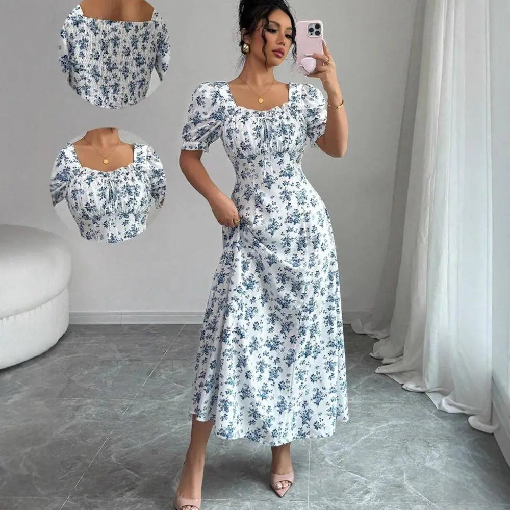 Floral Shirred Midi Dress – Short Bubble Sleeve