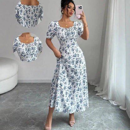 Floral Shirred Midi Dress – Short Bubble Sleeve