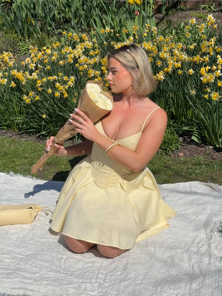 Sexy Yellow V-Neck Backless Mini Dress