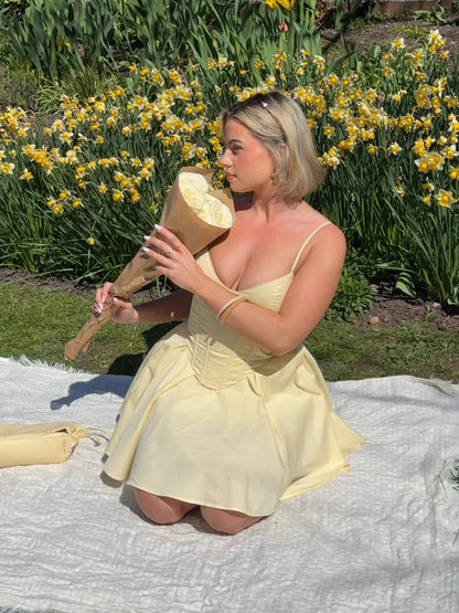 Sexy Yellow V-Neck Backless Mini Dress