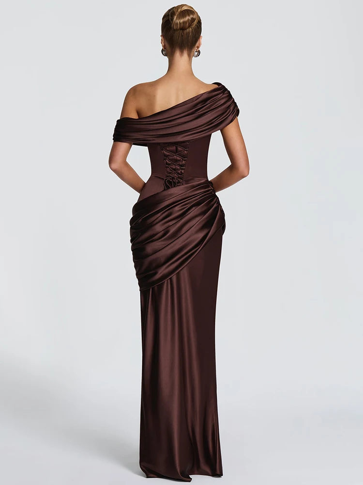 Satin Ruched Fishtail Maxi Dress