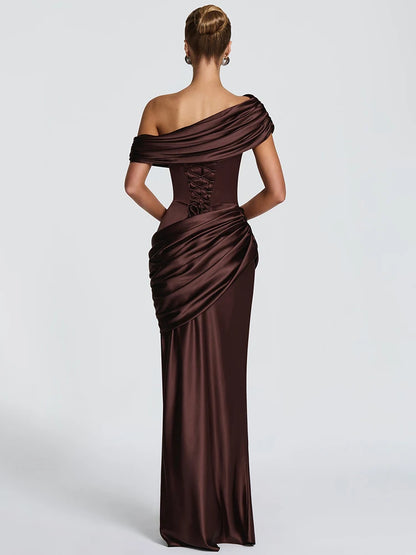 Satin Ruched Fishtail Maxi Dress