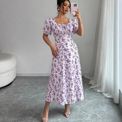Floral Shirred Midi Dress – Short Bubble Sleeve