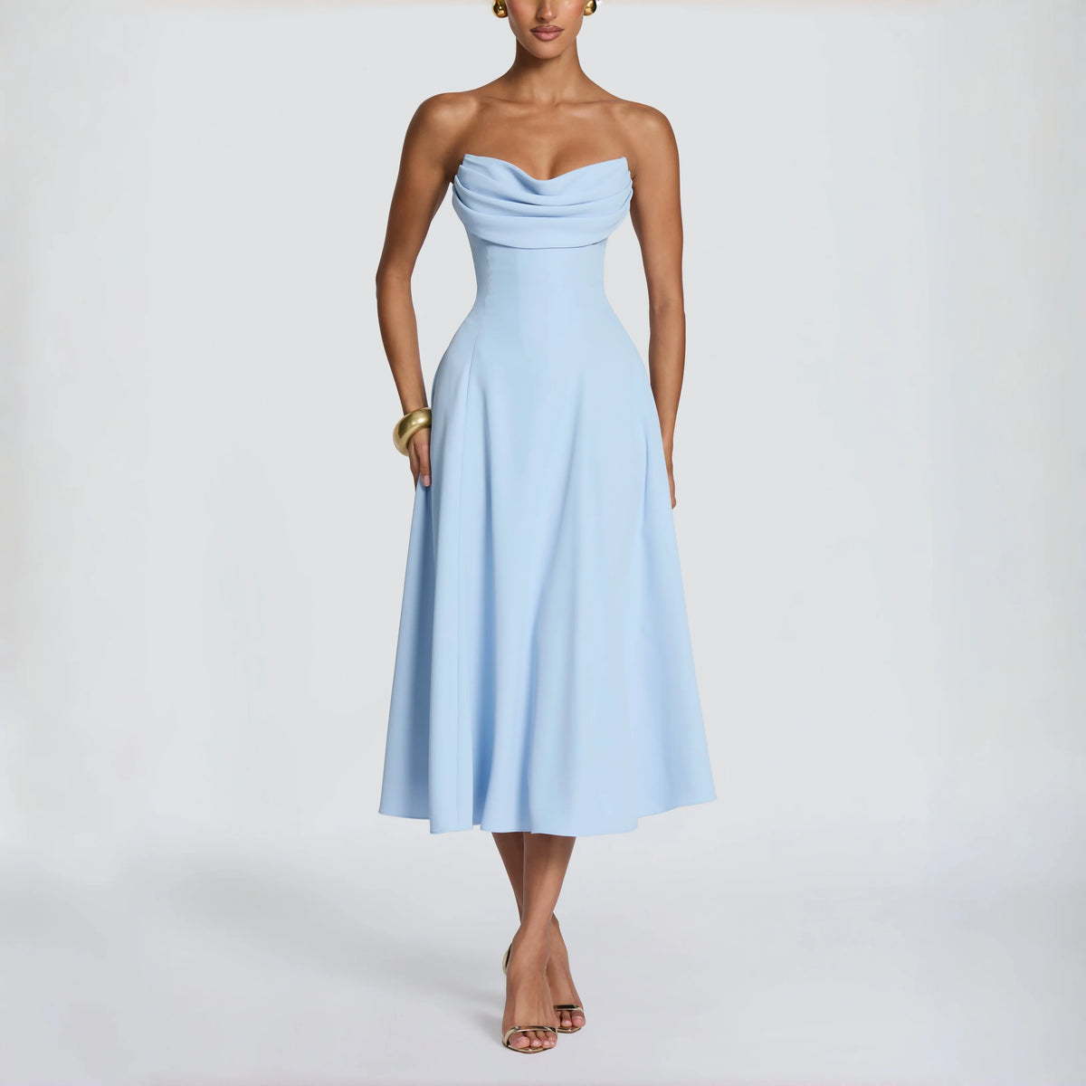 Draped Strapless Corset Midi Dress
