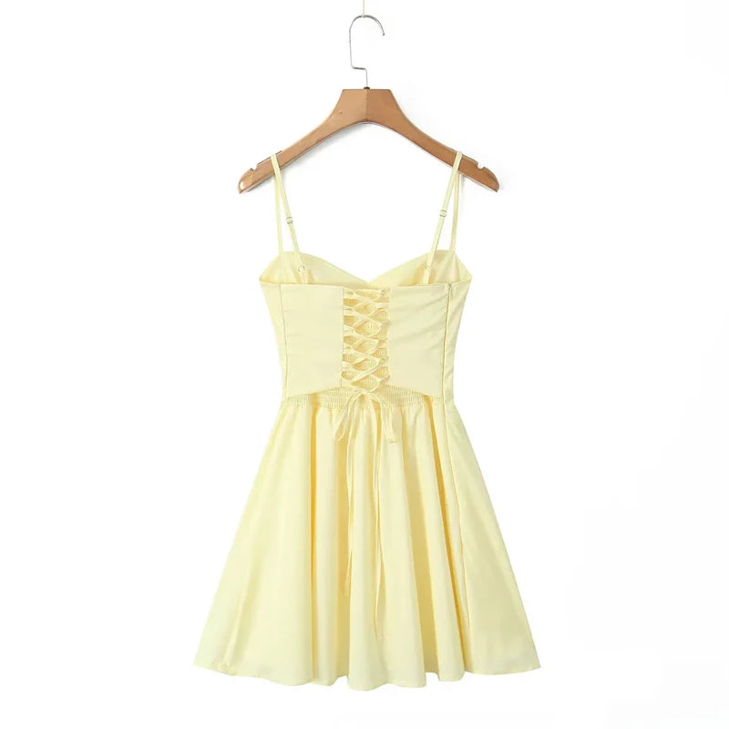 Sexy Yellow V-Neck Backless Mini Dress
