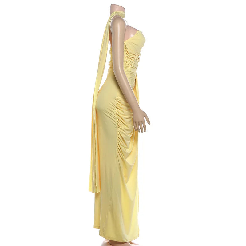 Off-Shoulder Ruched Backless Maxi Dress