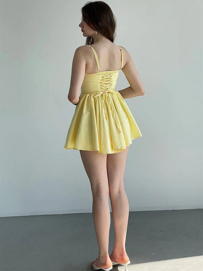 Sexy Yellow V-Neck Backless Mini Dress