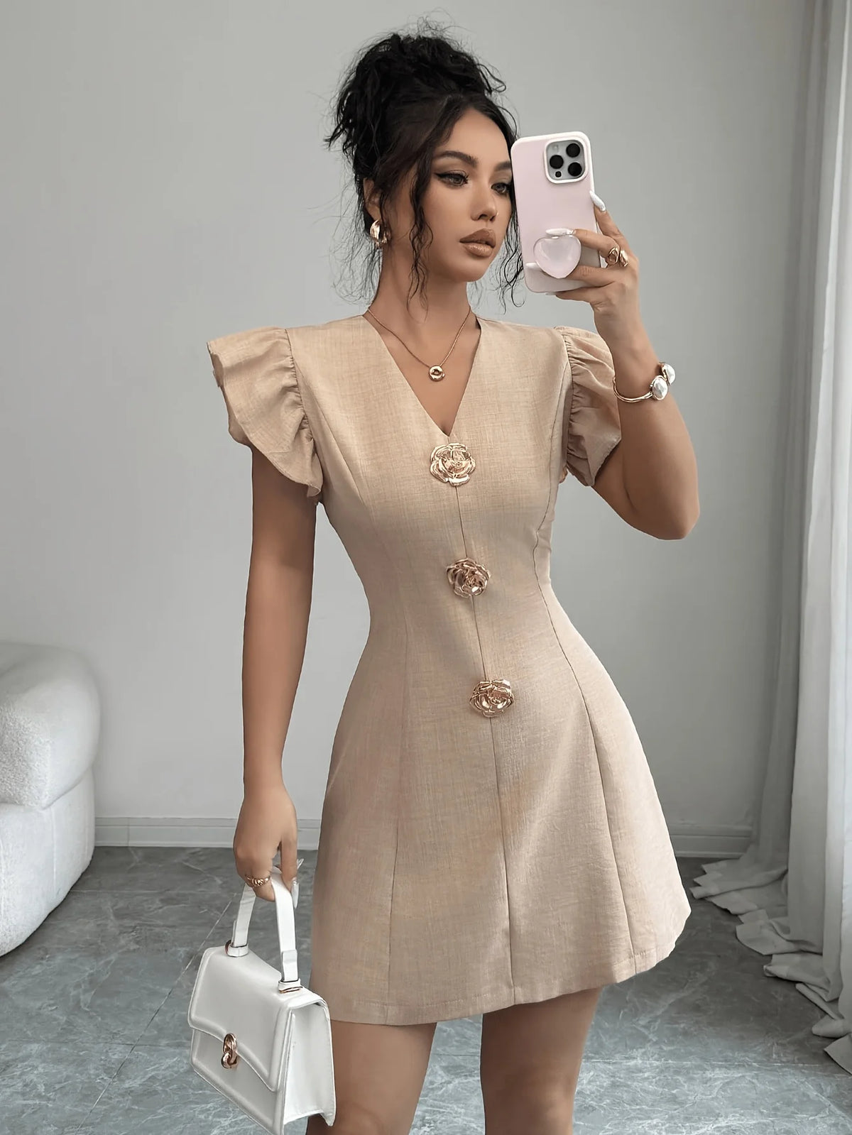 Women's V-Neck Mini Dress with Metal Buttons – Elegant Slim Fit