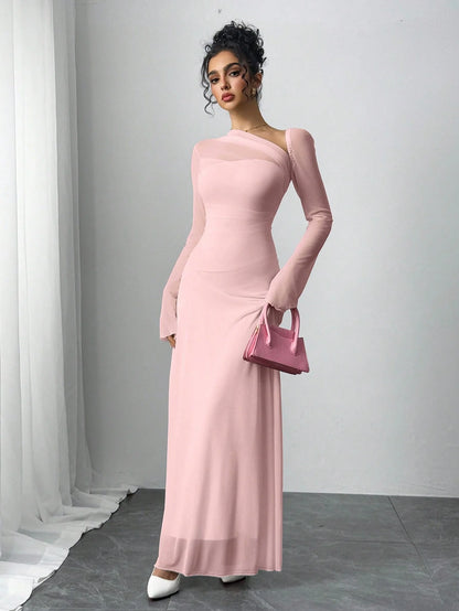 Elegant Pink Tulle One-Shoulder Maxi Dress