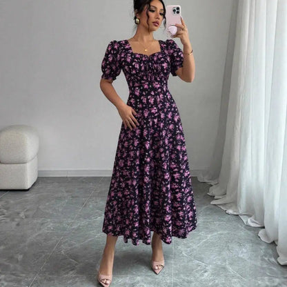 Floral Shirred Midi Dress – Short Bubble Sleeve