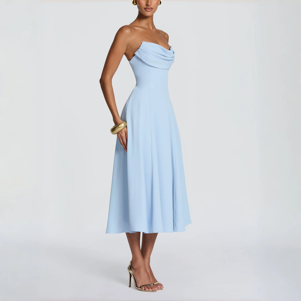 Draped Strapless Corset Midi Dress