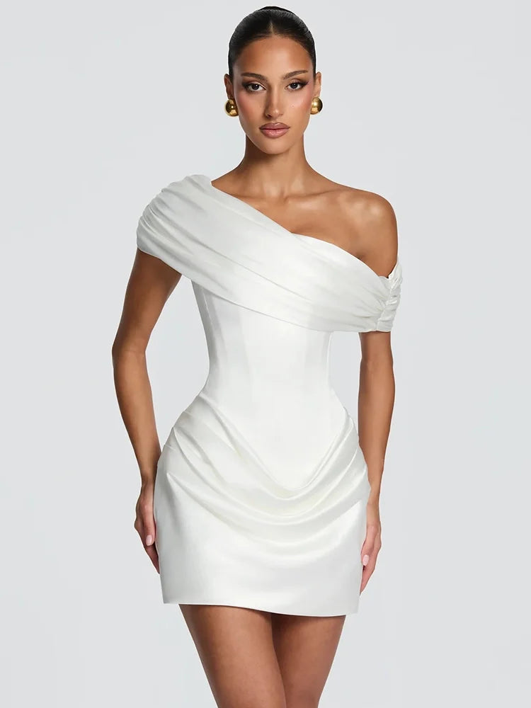 Satin Off-Shoulder Draped Corset Mini Dress