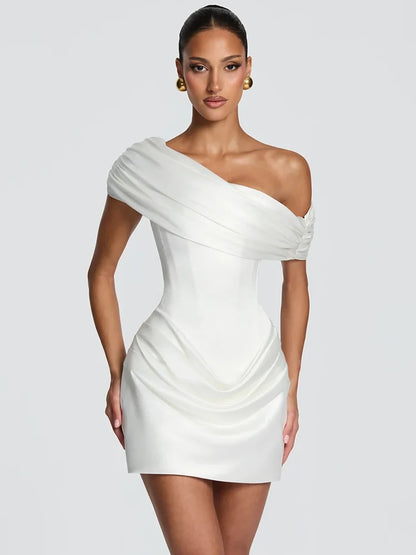 Satin Off-Shoulder Draped Corset Mini Dress