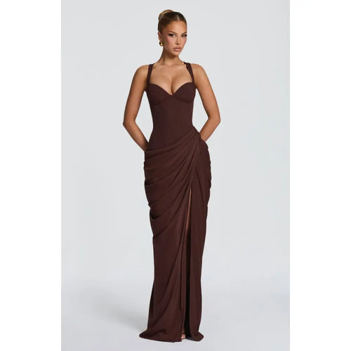 French Pleated Open-Back Slit Maxi Dress