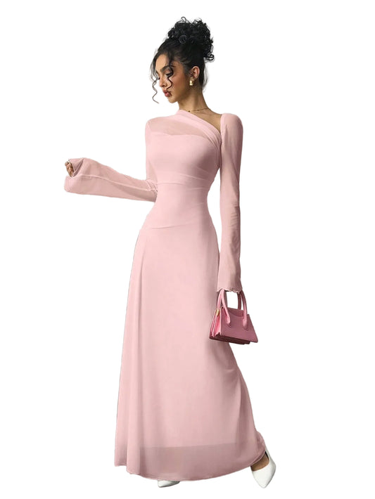 Elegant Pink Tulle One-Shoulder Maxi Dress