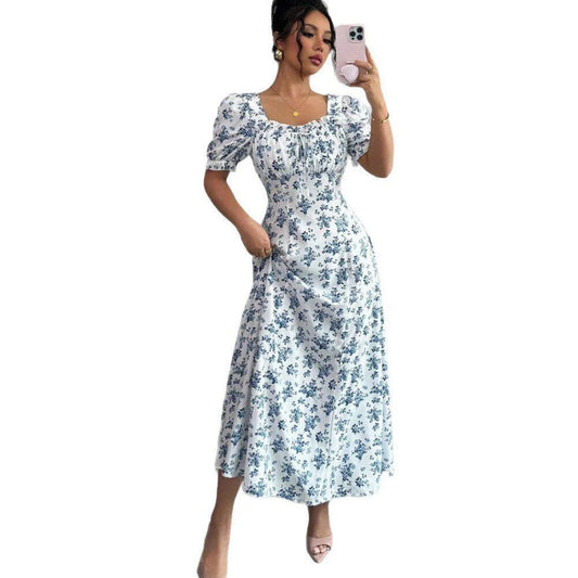 Floral Shirred Midi Dress – Short Bubble Sleeve