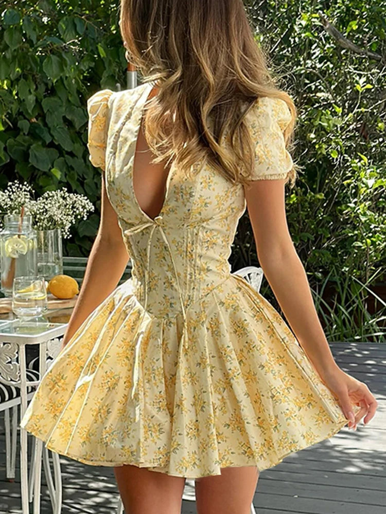 Floral Yellow Puff Sleeve Mini Dress
