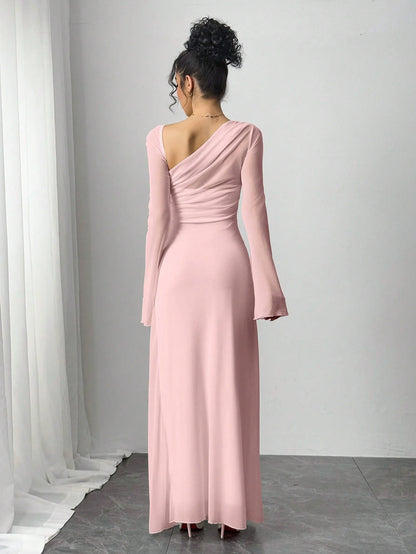 Elegant Pink Tulle One-Shoulder Maxi Dress