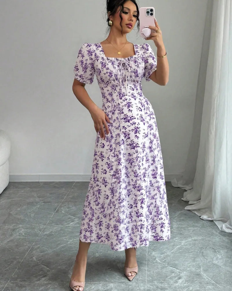 Floral Shirred Midi Dress – Short Bubble Sleeve