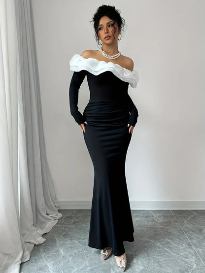 Elegant Off-Shoulder Color Block Maxi Dress