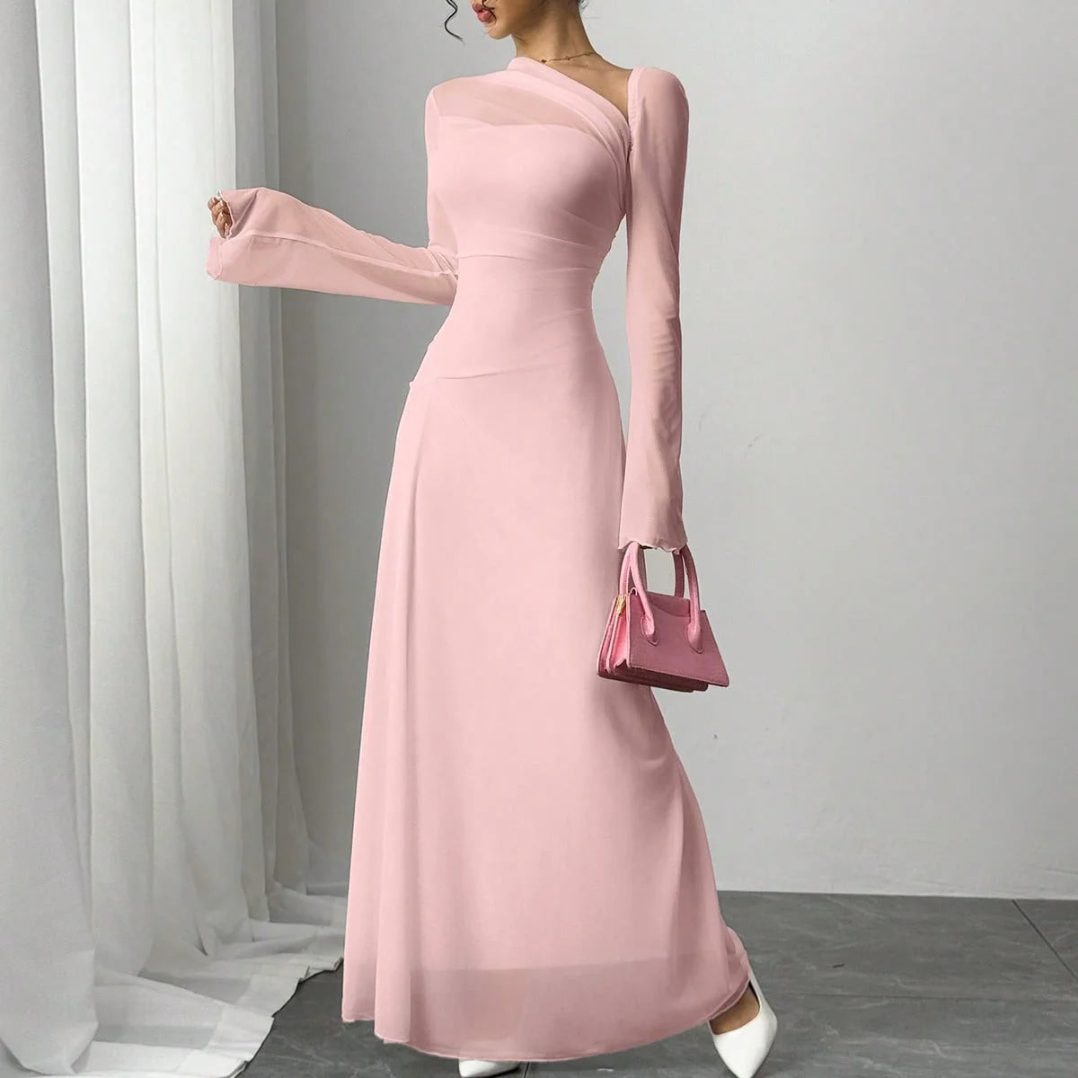 Elegant Pink Tulle One-Shoulder Maxi Dress