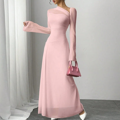 Elegant Pink Tulle One-Shoulder Maxi Dress
