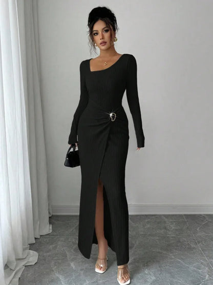 Textured Knit Midi Dress – Slim Fit & Elegant Style