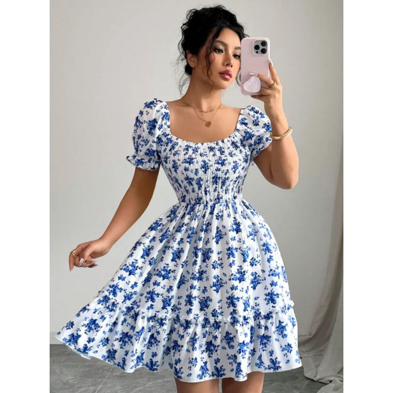 Women’s French Floral Puff Sleeve Mini Dress