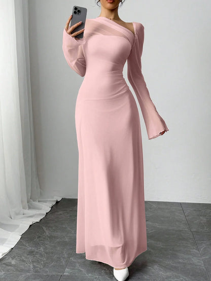Elegant Pink Tulle One-Shoulder Maxi Dress