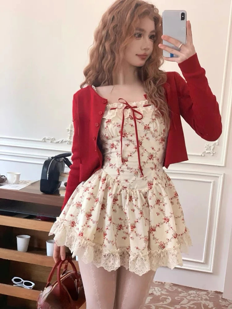 Women’s Red Floral Mini Dress & Cardigan Set