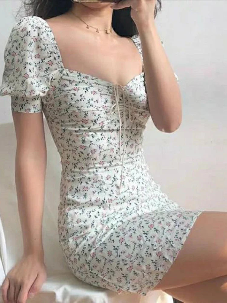 Women's Boho Floral Puff Sleeve Mini Dress