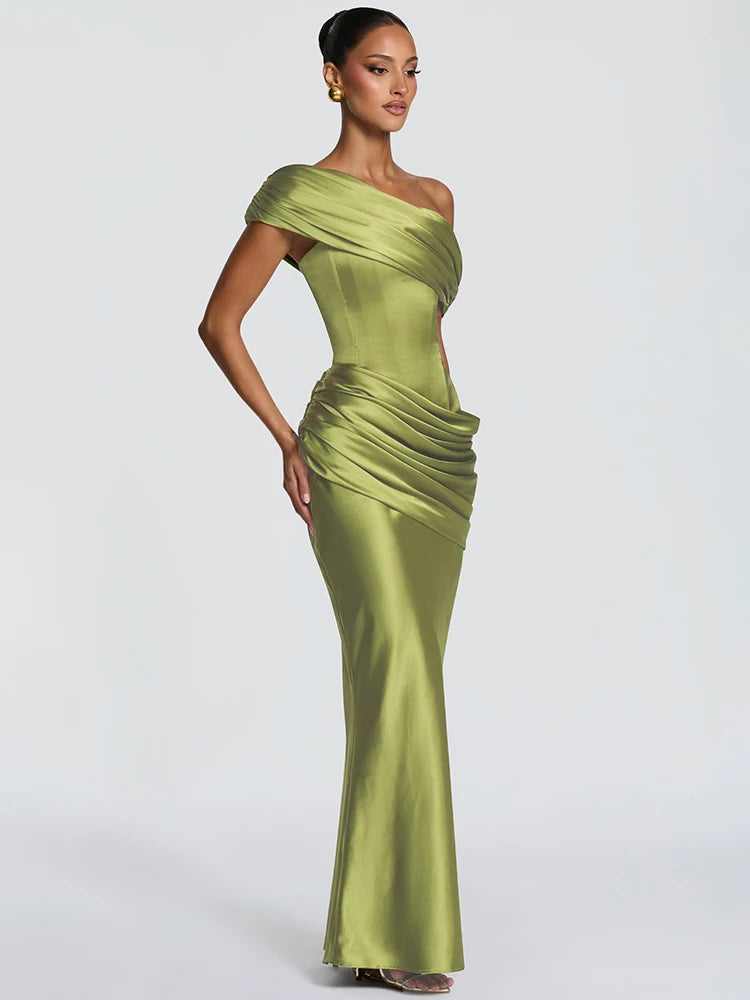 Satin Ruched Fishtail Maxi Dress