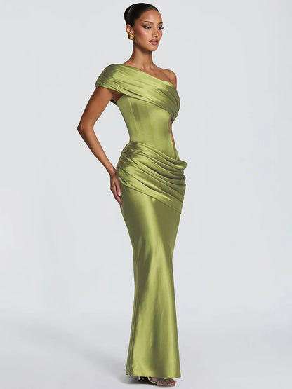 Satin Ruched Fishtail Maxi Dress