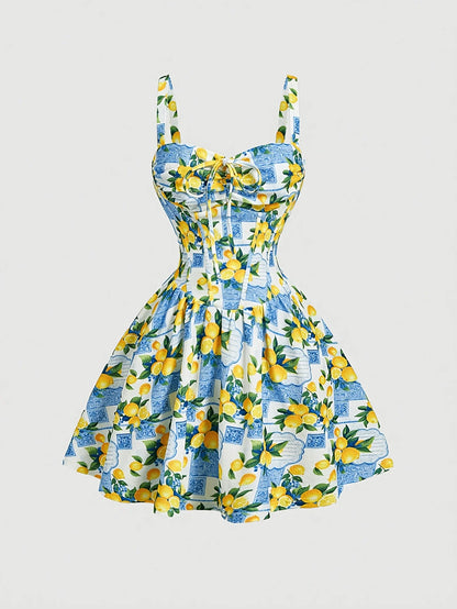 French Floral Belted A-Line Mini Dress