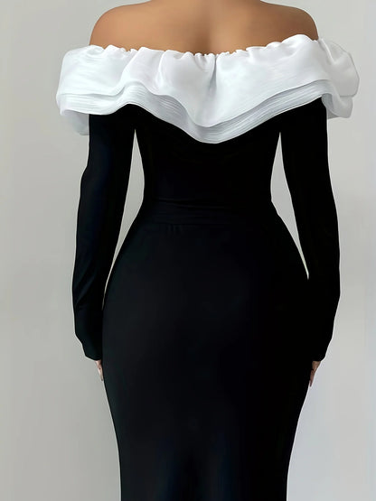 Elegant Off-Shoulder Color Block Maxi Dress