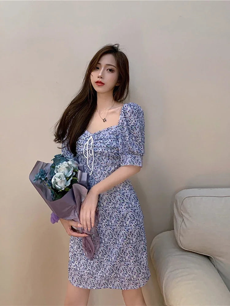 Women's Boho Floral Puff Sleeve Mini Dress