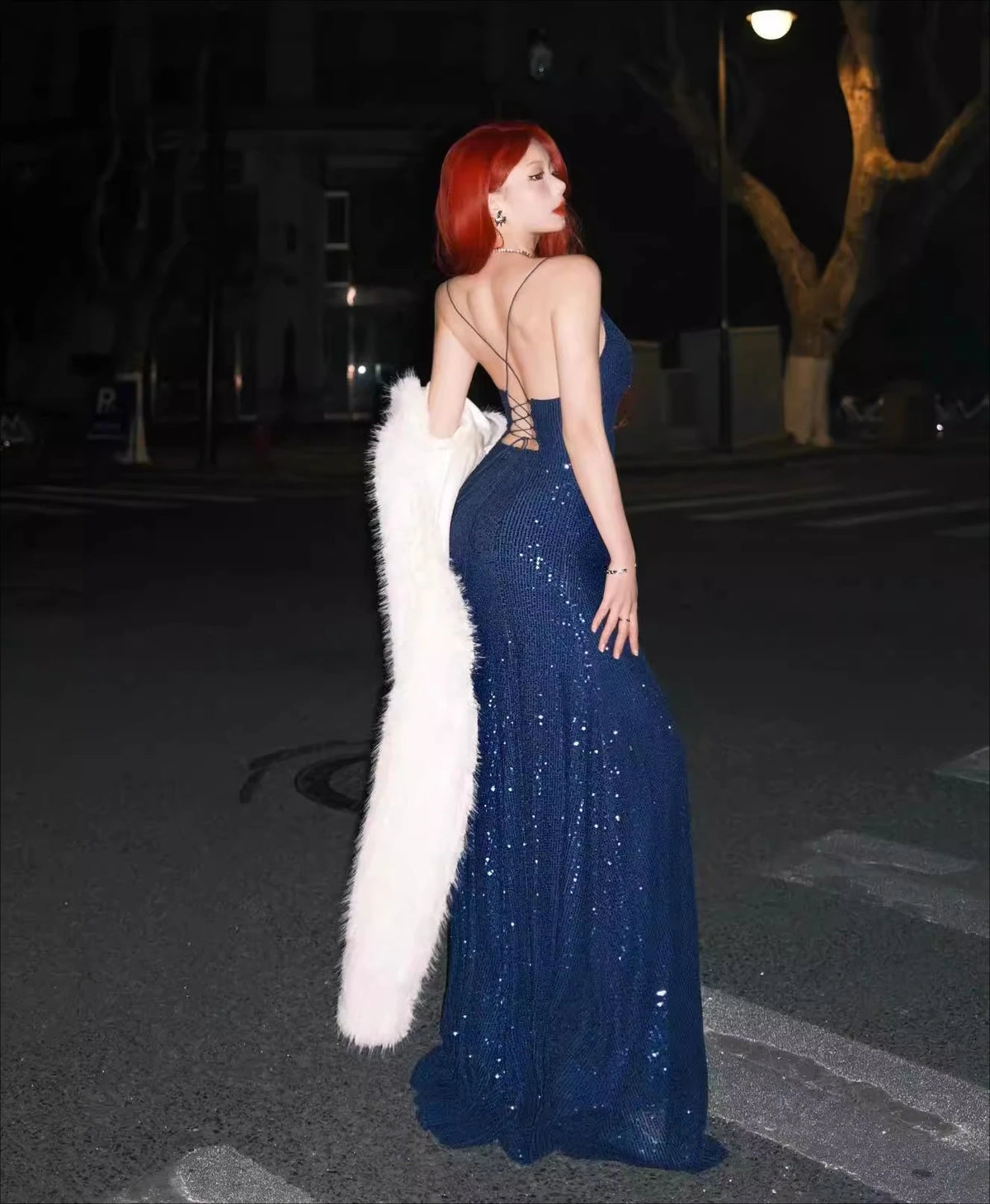Blue Sequin Embroidered Bodycon Dress