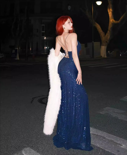 Blue Sequin Embroidered Bodycon Dress